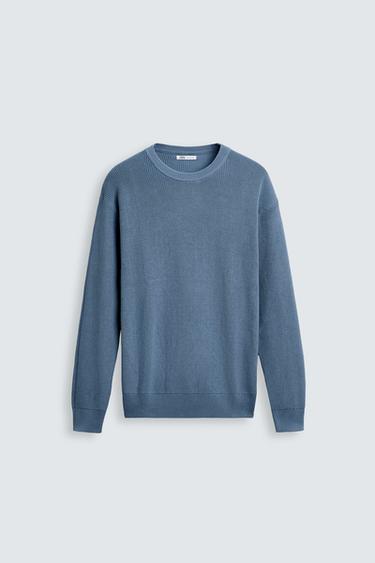 Zara BASIC PURL KNIT SWEATER - Mid-blue