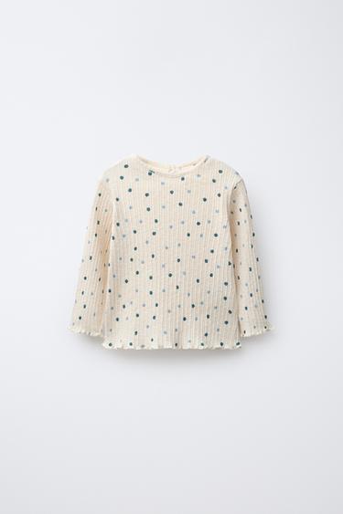 Zara FLORAL STRUCTURE T-SHIRT - Ecru / Blue