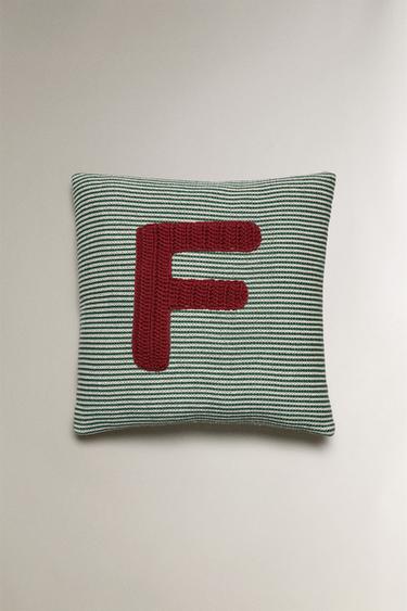 CHILDREN'S EMBROIDERED LETTER F CUSHION - Green by Zara - Image 0