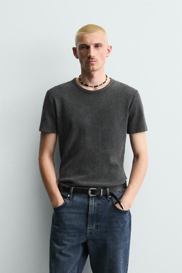 SLIM FIT TEXTURED KNIT T-SHIRT - Faded black by Zara