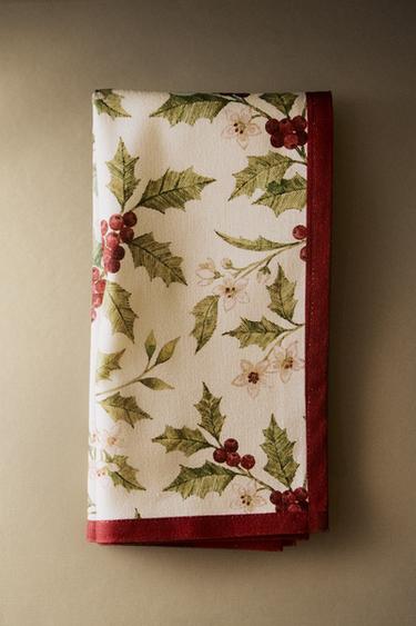 CHRISTMAS HOLLY COTTON NAPKINS (PACK OF 2) — Ecru 1