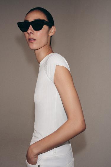 Zara SHORT SLEEVE RIB KNIT TOP - White