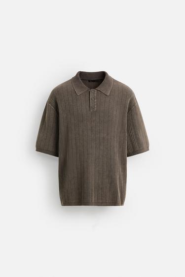 WASHED TEXTURED KNIT POLO SHIRT - Chocolate by Zara - Image 6