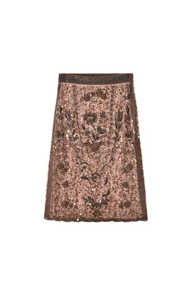 MIDI-ROK MET BORDUURSEL EN KRALEN LIMITED EDITION - Bruinrood van Zara
