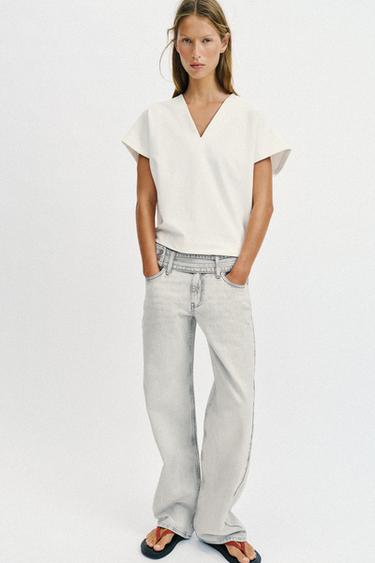 Zara 手工藝術風格 V 領 T 恤 - 磨白色