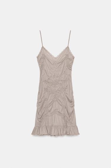 ROBE COURTE PLIS DENTELLE - Marron / Taupe de Zara