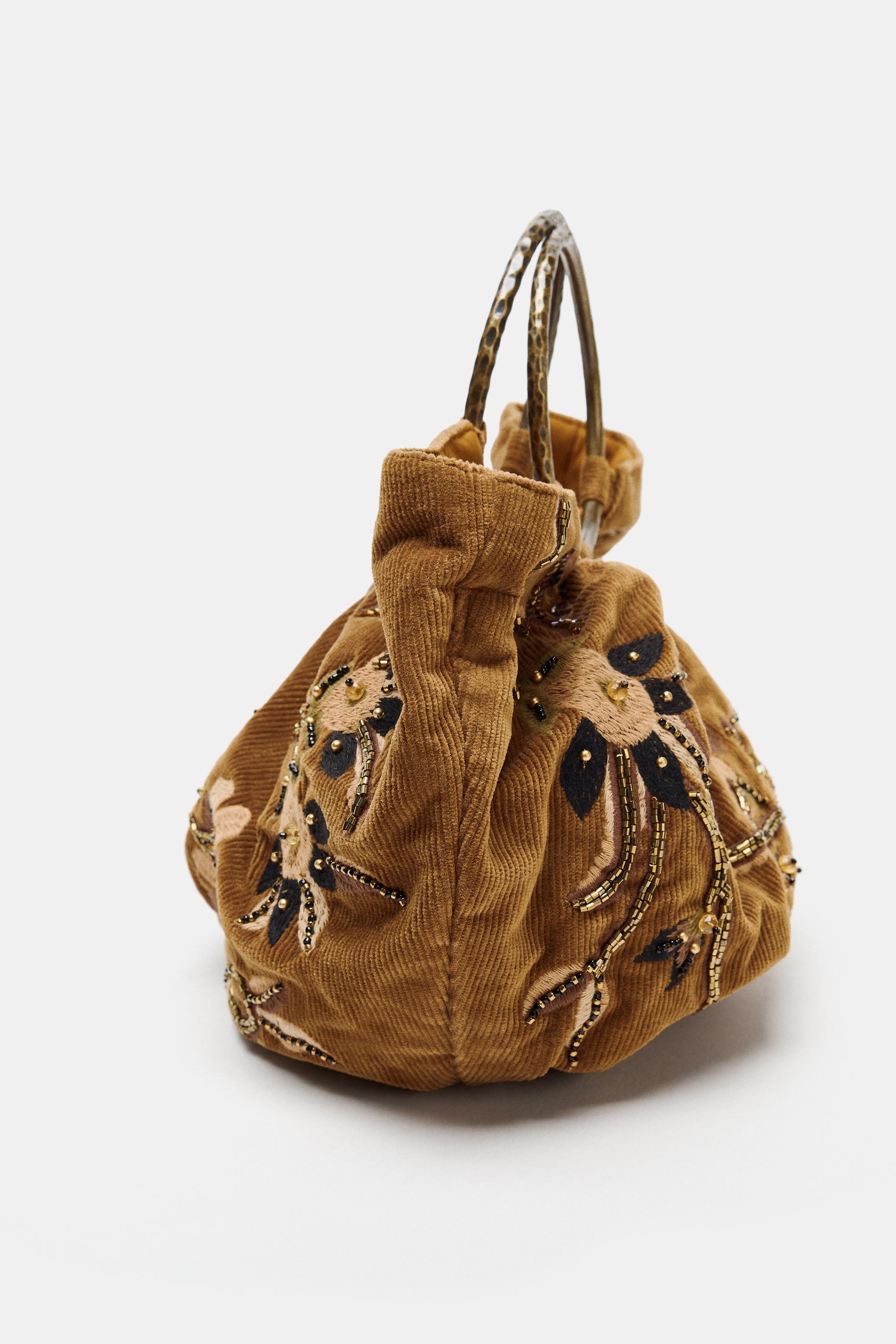 バッグ ur BOLSA SHOULDER BAG BORDADA COM EFEITO VELUDO COTELÊ - Mostarda