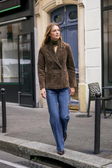 Zara 100% LEATHER DOUBLE BREASTED BLAZER - Khaki