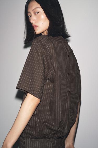 ZW COLLECTION STRIPED LINEN BLEND TOP - Brown / Ecru by Zara - Image 2