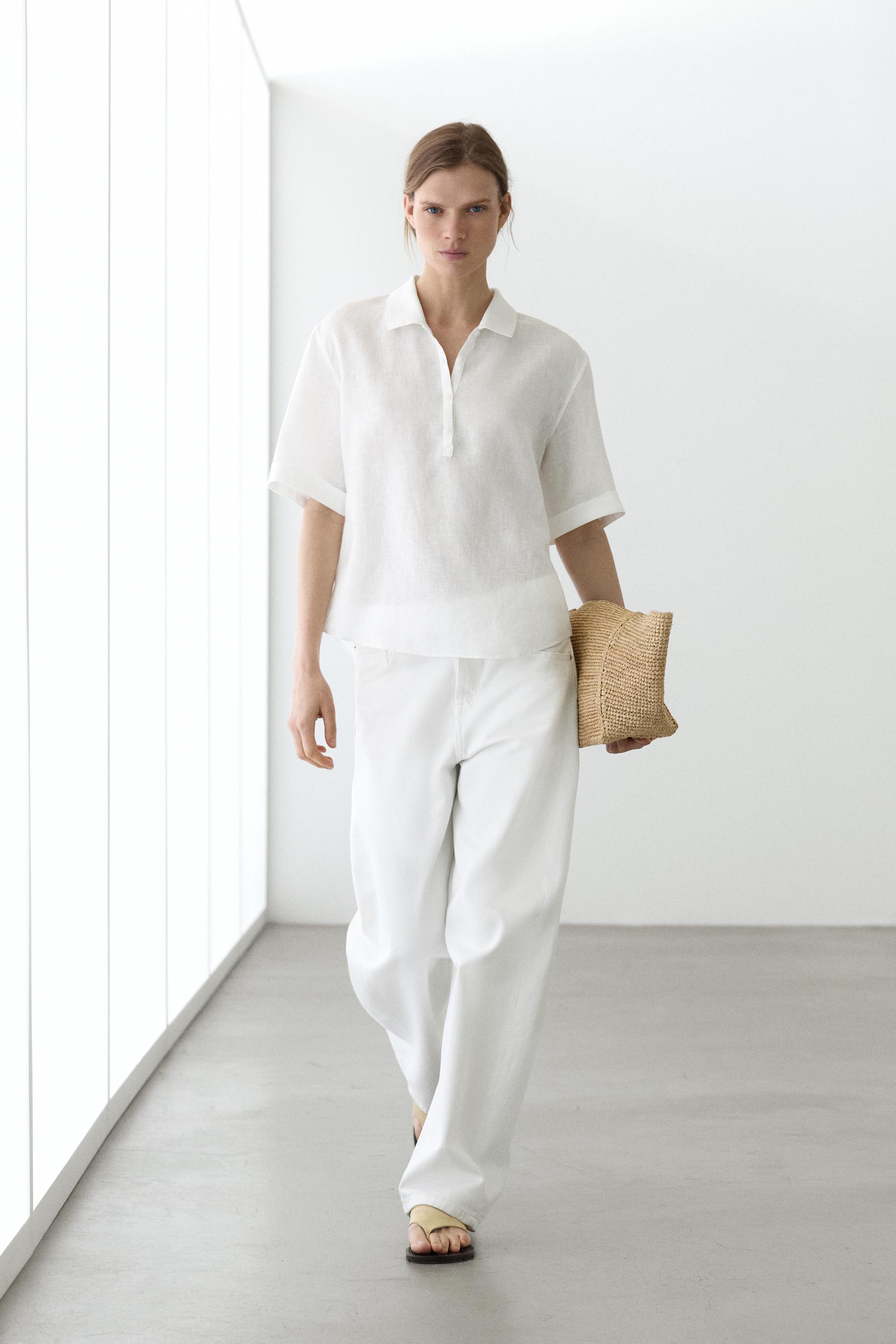 Short sleeve linen polo shirt — White