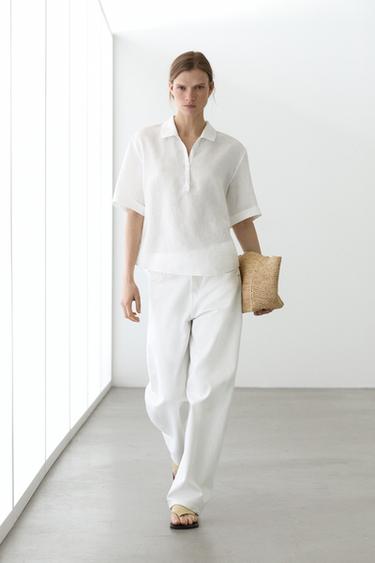 Zara Short sleeve linen polo shirt - White - Image 0