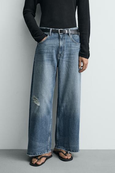 Zara 寬鬆版剪洞牛仔褲 - 中藍色