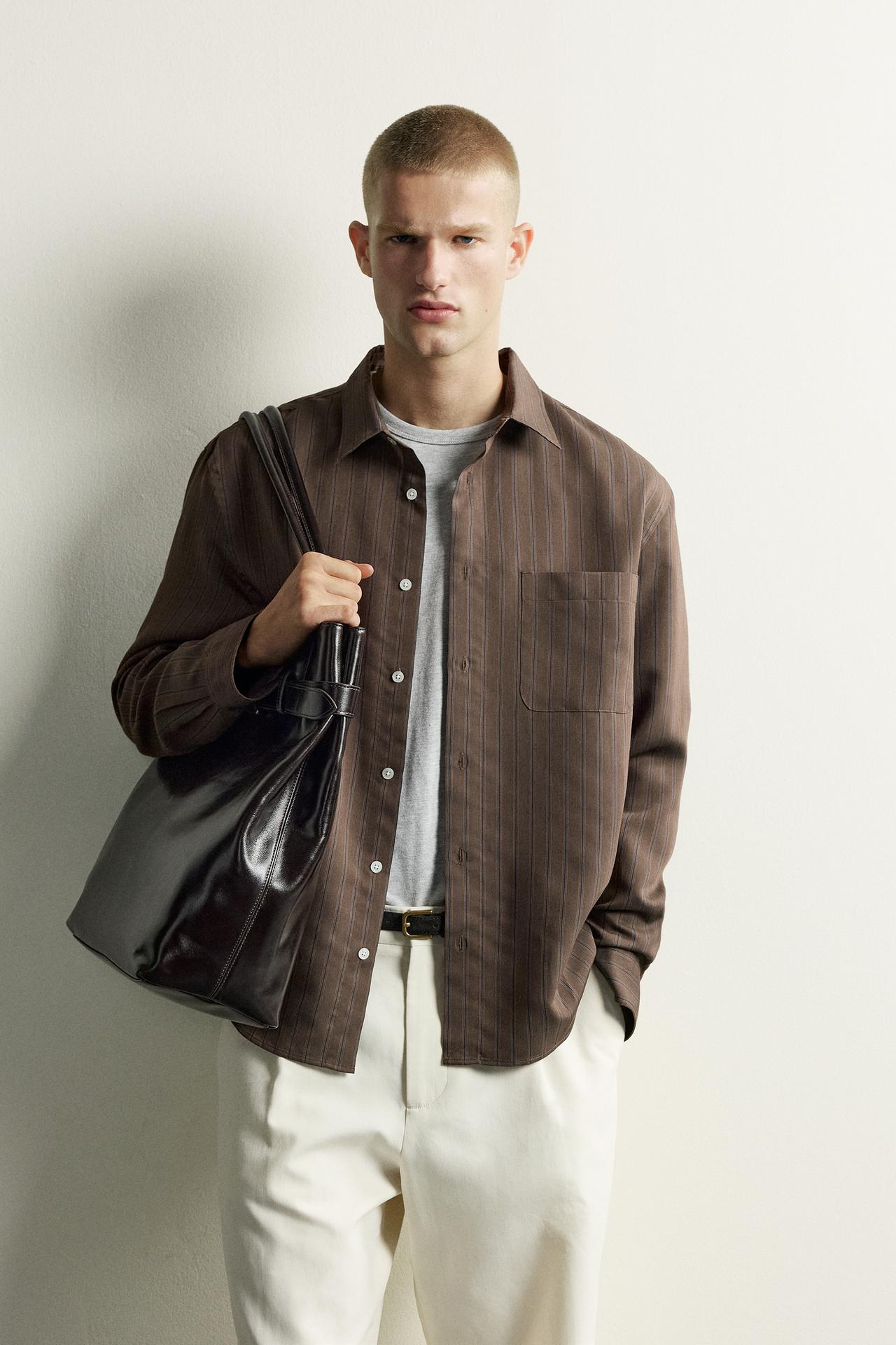 STRIPED FLUID SHIRT — Dark brown