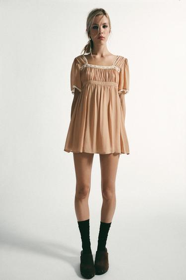 VESTIDO COMBINADO COM RENDA - Rosa-pálido da Zara