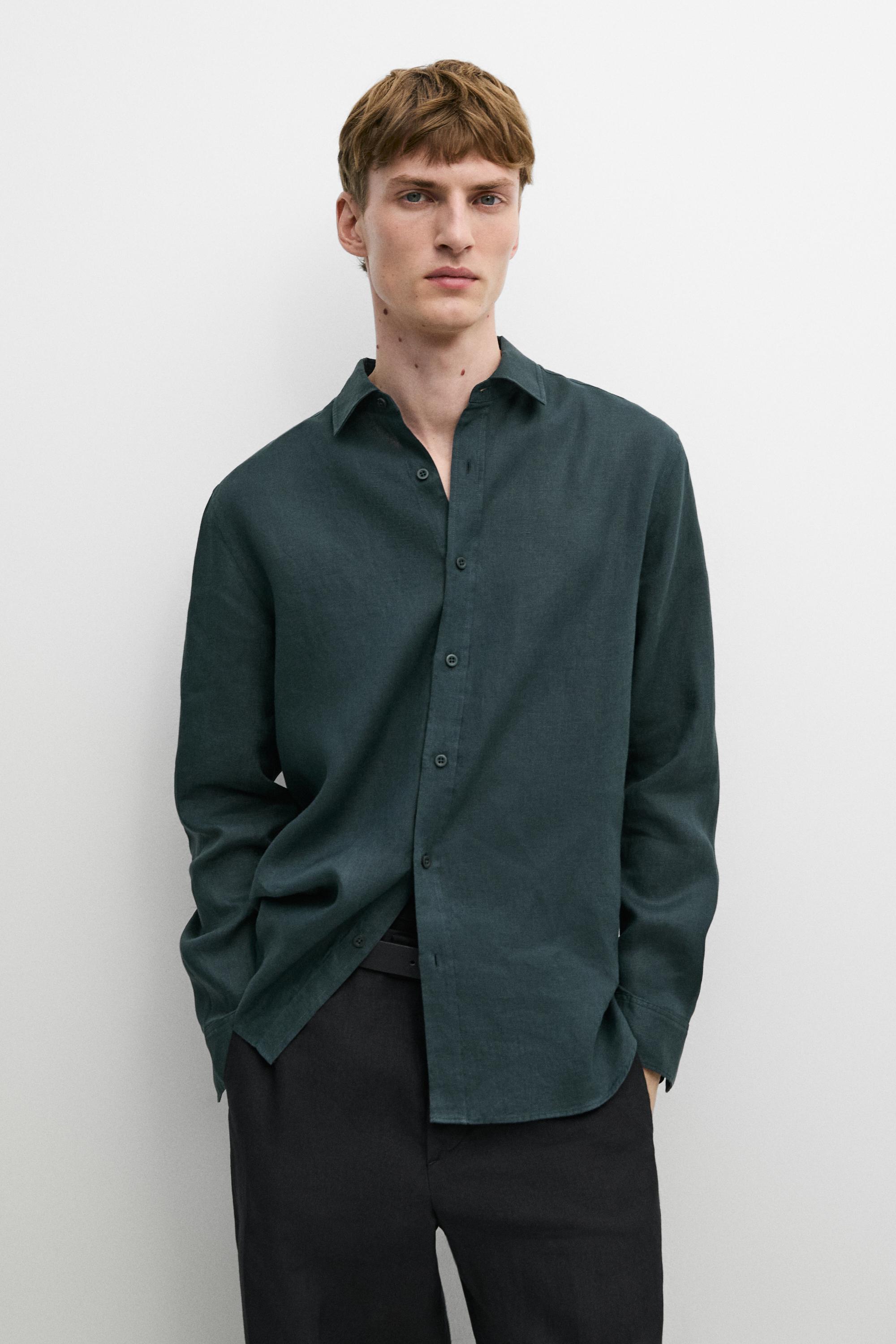 Slim fit 100% linen shirt — Light petrol blue