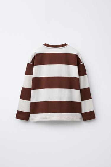 T-SHIRT À RAYURES AVEC INSCRIPTION BRODÉE - Marron / Écru de Zara - Image 1