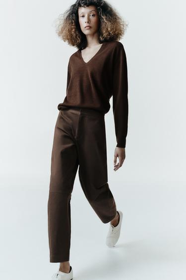 HERRINGBONE BARREL TROUSERS - Dark brown by Zara