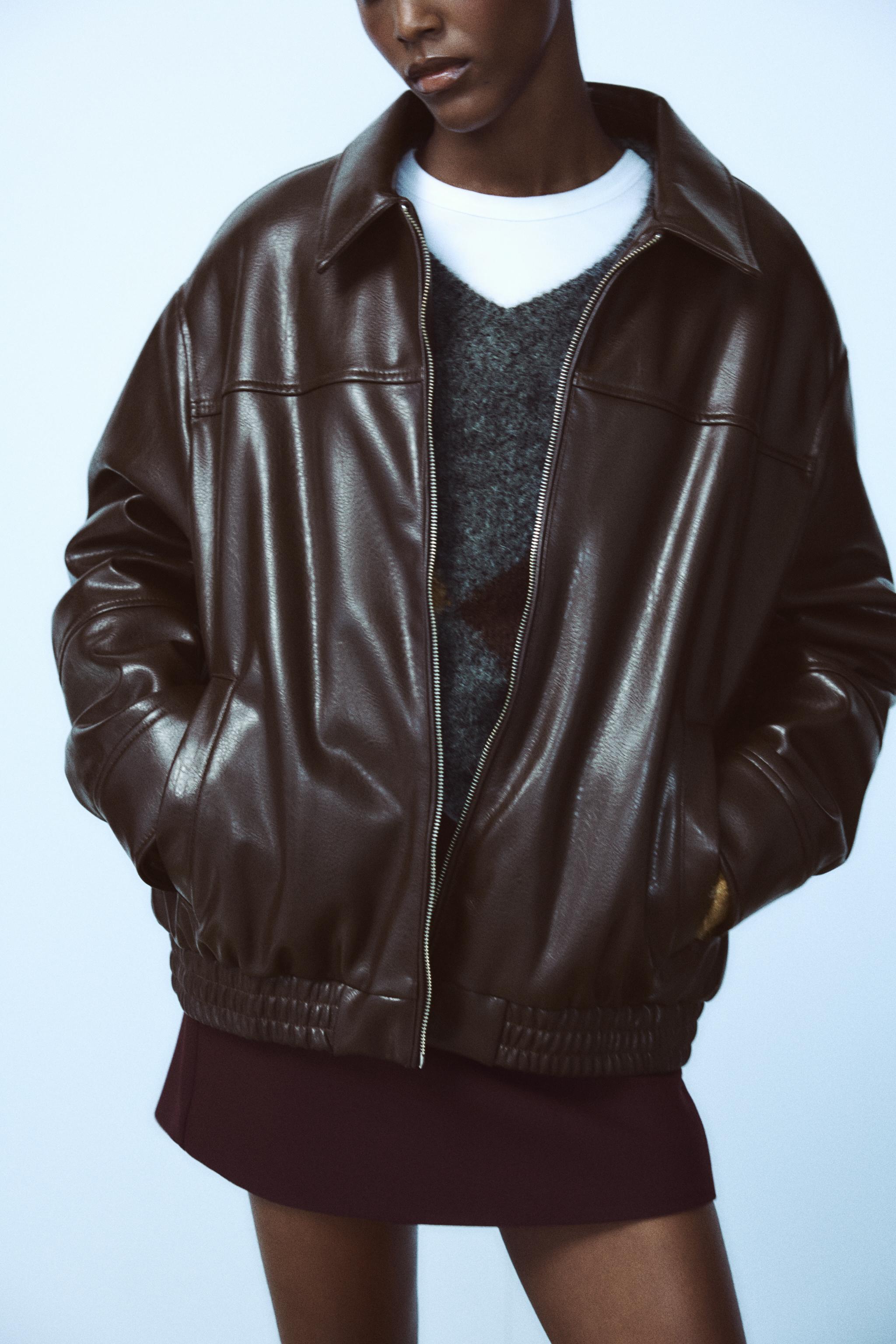 Zara Dark Chocolate Brown Faux Leather Puffer store Jacket