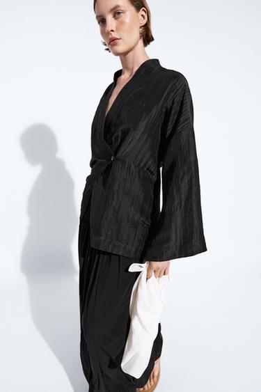 Zara Textured linen blend V-neck kimono - Black
