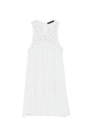 DOTTED MESH DRESS WITH CROCHET BIB FRONT