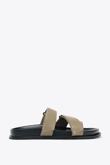 Zara METALLIC STRAP PLATFORM SANDALS - Khaki Green