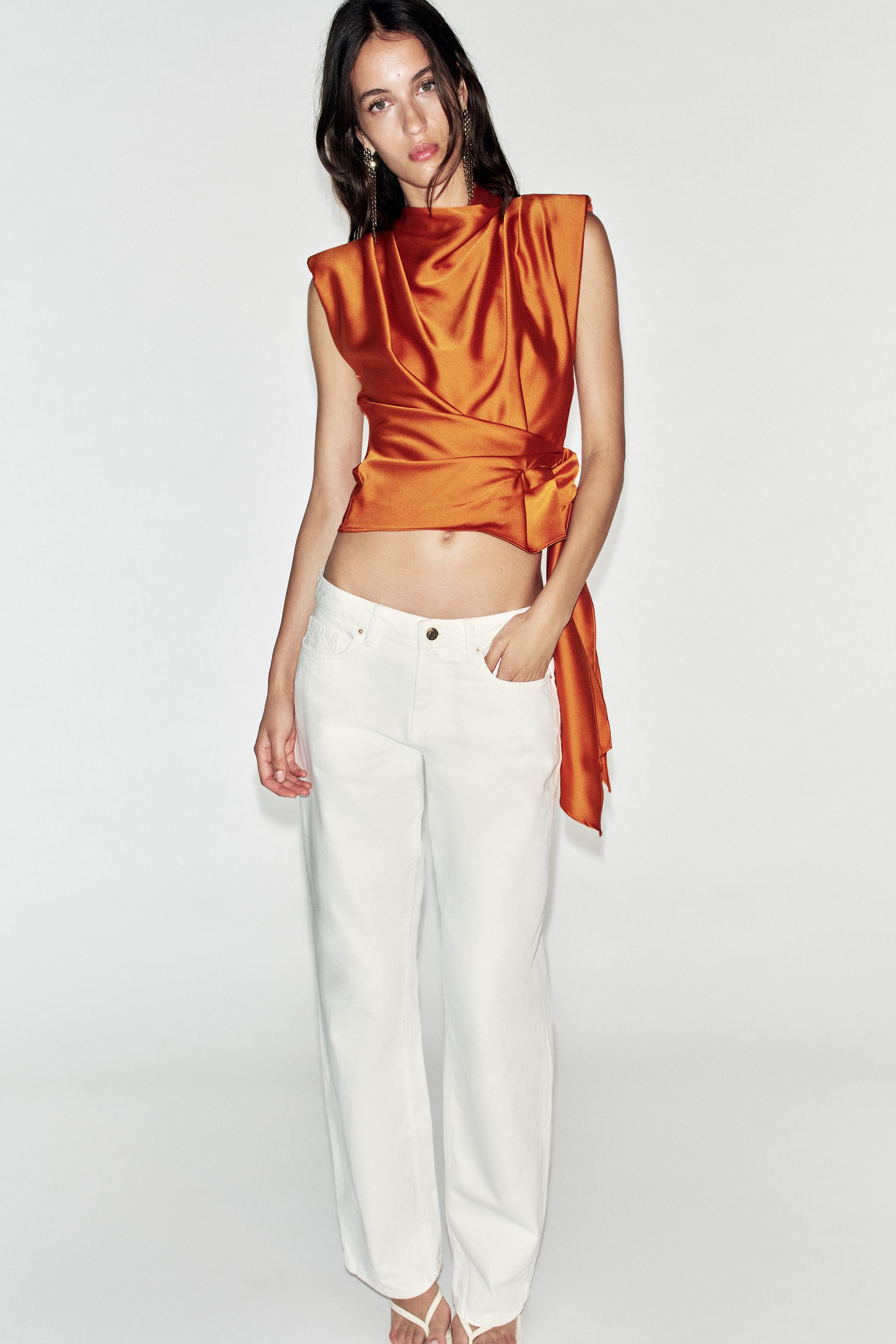 KNOTTED SHOULDER PAD SATIN EFFECT TOP — Burnt orange