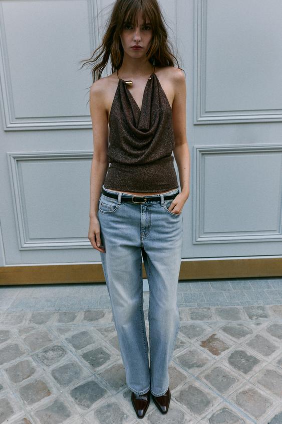 METALLIC CHOKER TOP - Brown by Zara - Image 0