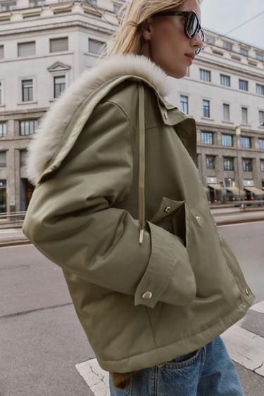 SHORT PARKA WITH FAUX FUR HOOD - Khaki by Zara
