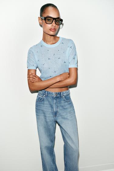 SEQUIN SHORT SLEEVE KNIT TOP - Pastel blue by Zara