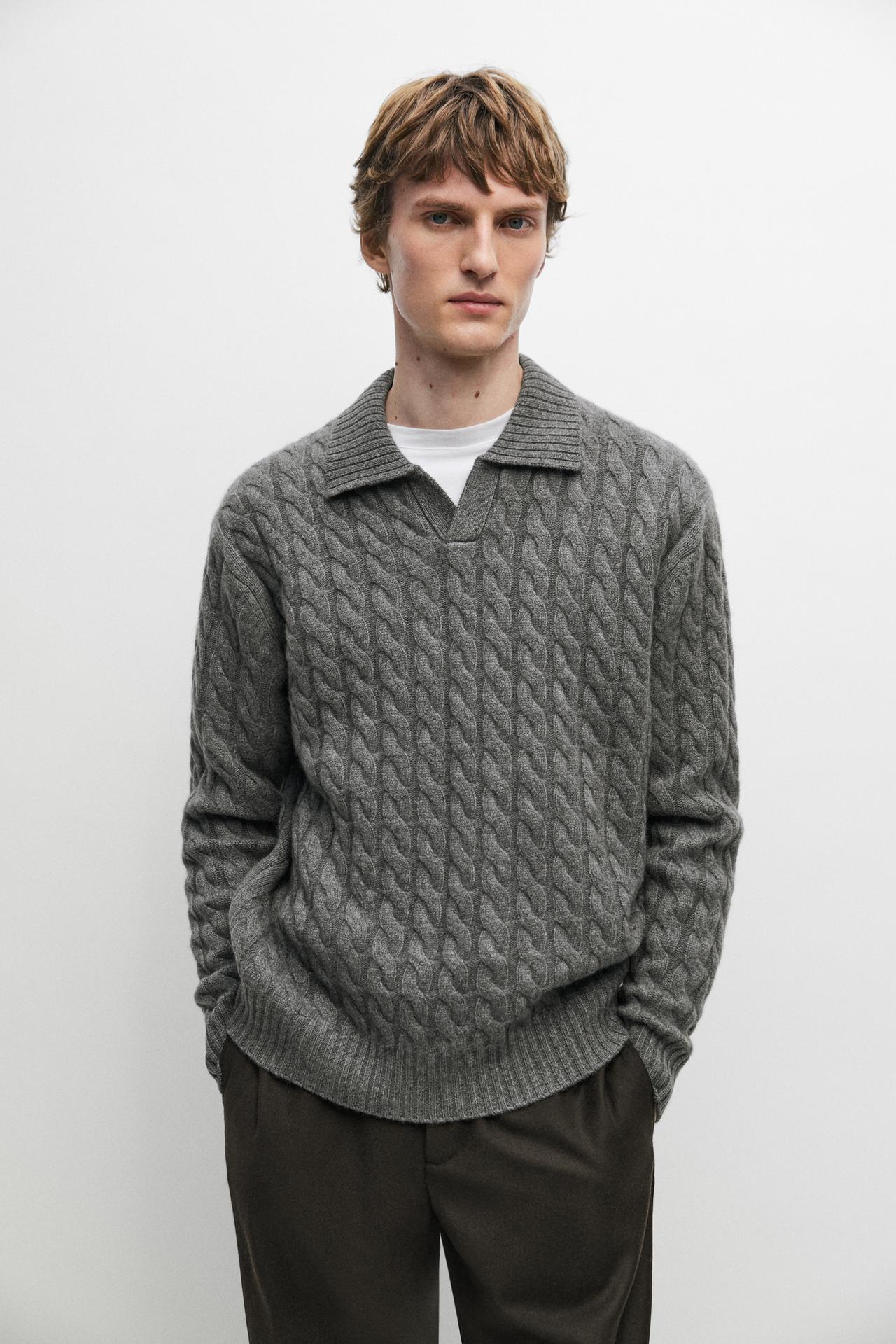 Cable-knit cashmere polo sweater — Anthracite grey
