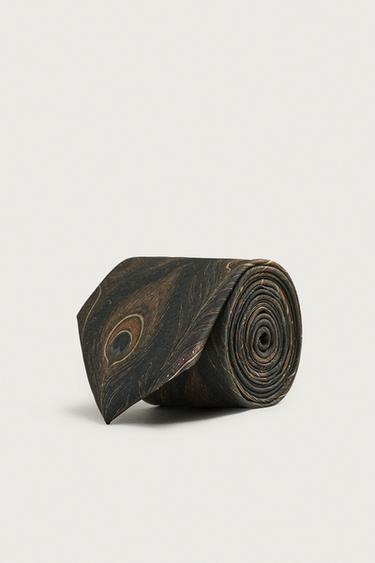 100% SILK FEATHER PRINT TIE - Dark brown by Zara