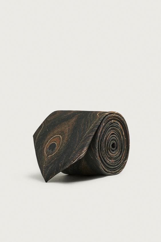 CORBATA 100% SEDA ESTAMPADO PLUMA - Marrón oscuro de Zara - Imagen 0