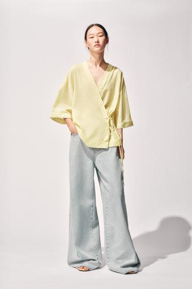 Zara ZW COLLECTION 條紋綁帶和服 - 黃色