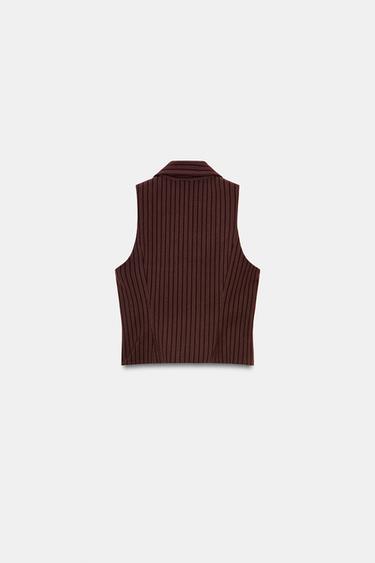 GILET SANS MANCHES À RAYURES AVEC FERMETURE ÉCLAIR - Marron / Écru de Zara - Image 5