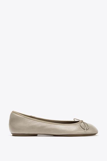 Zara LEATHER BALLET FLATS WITH BOW - Gray - Image 0