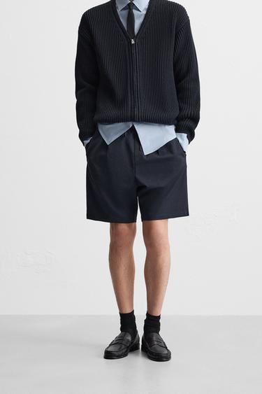 PLEATED SEERSUCKER BERMUDA SHORTS - Navy blue by Zara