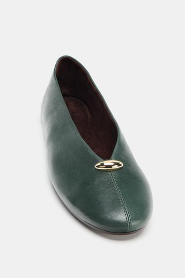 LEATHER BALLET FLATS WITH APPLIQUÉ - Green by Zara - Image 3