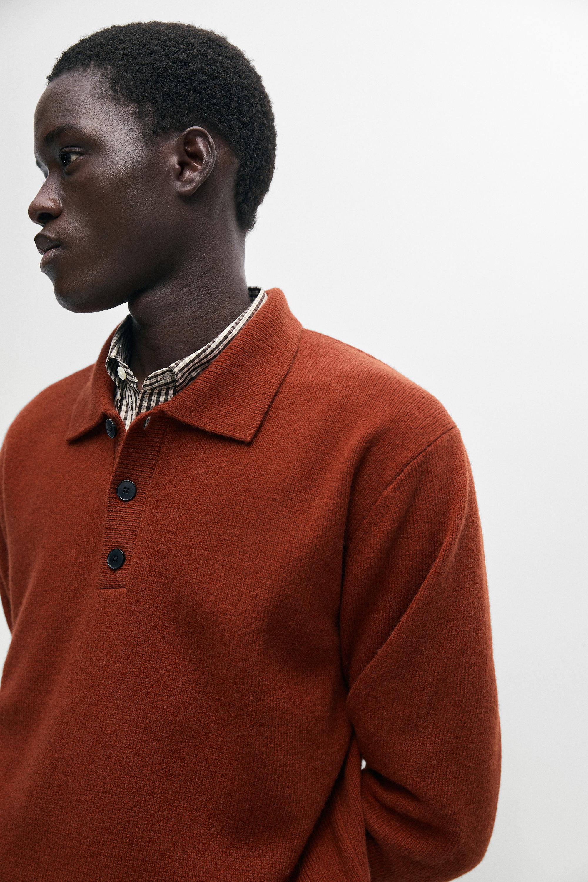 Wool blend knit polo sweater with buttons