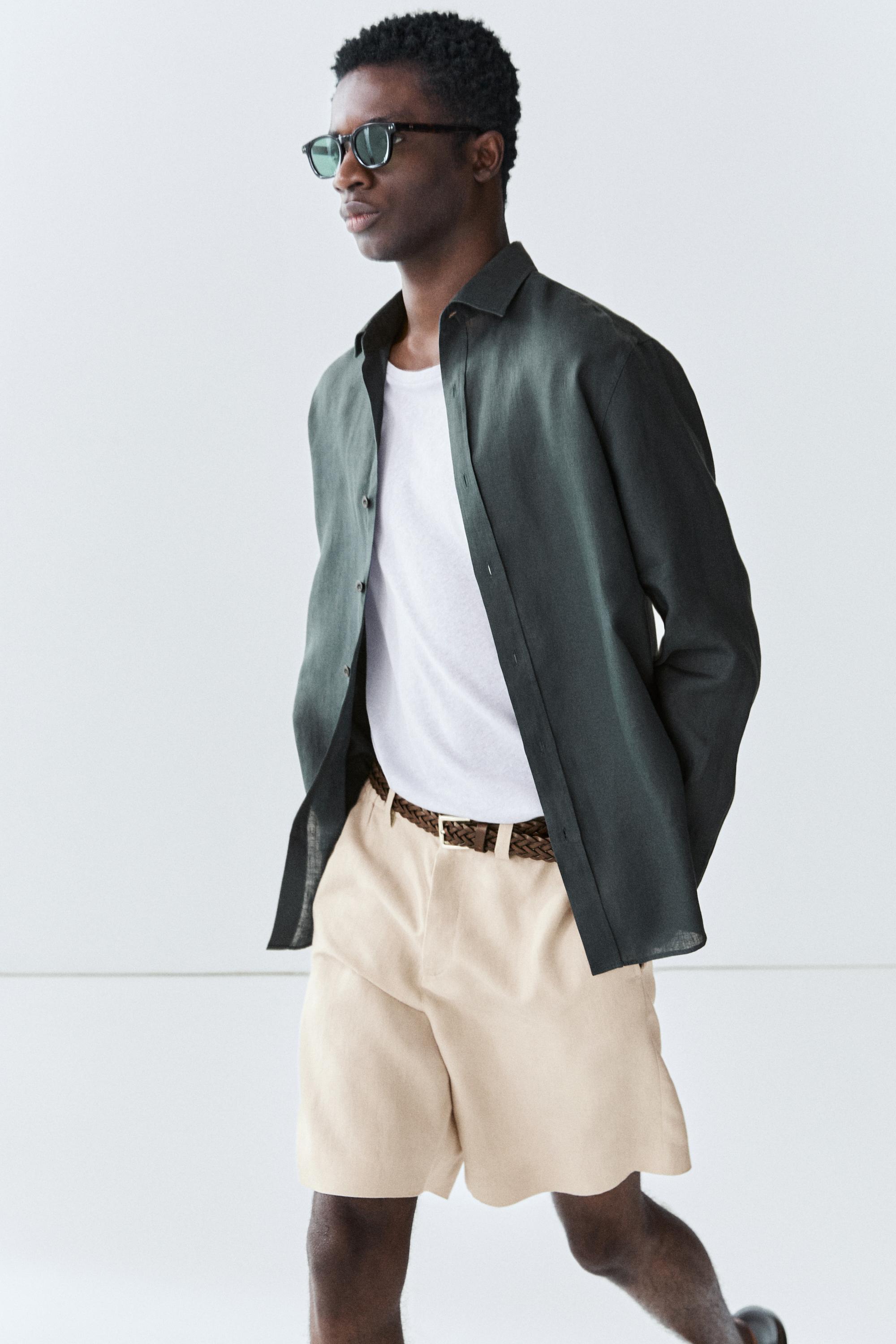 Slim fit 100% linen shirt — Light petrol blue