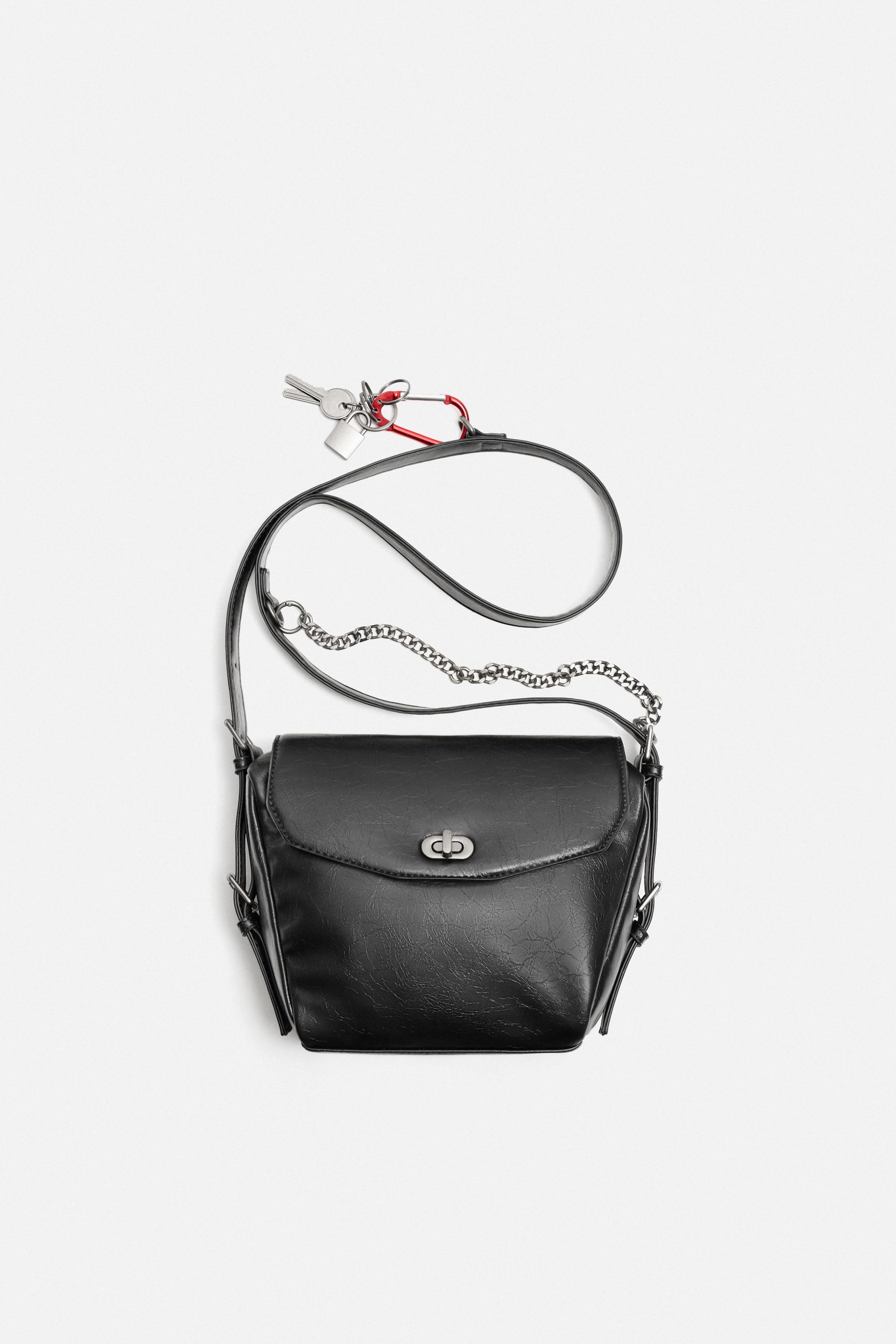 ★ドイツ発*ZARA*新作*本革クロスボディフラットバッグ/BR★ チェーンクロスボディバッグ - ブラック | ZARA Japan / 日本