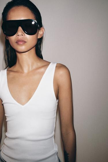 Zara RIB V-NECK TOP - White