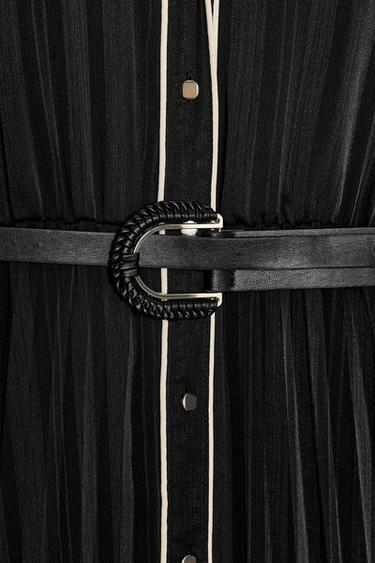 PLEATED MIDI DRESS WITH CONTRAST PIPING BELT - Black by Zara - Image 9