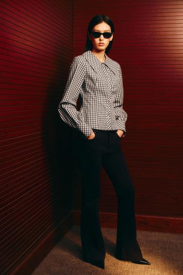 Zara 彼得潘小圓領格紋襯衫 - 棕色-藍色