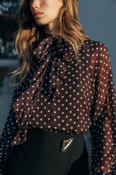 POLKA DOT PRINT BLOUSE - brown/white by Zara