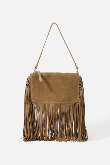 Zara FRINGED SPLIT LEATHER MINI CROSSBODY BAG - Brown