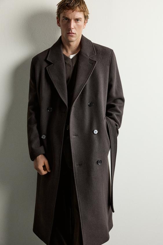 MANTEAU À BOUTONNAGE CROISÉ AVEC LAINE ET CEINTURE - Marron de Zara - Image 4