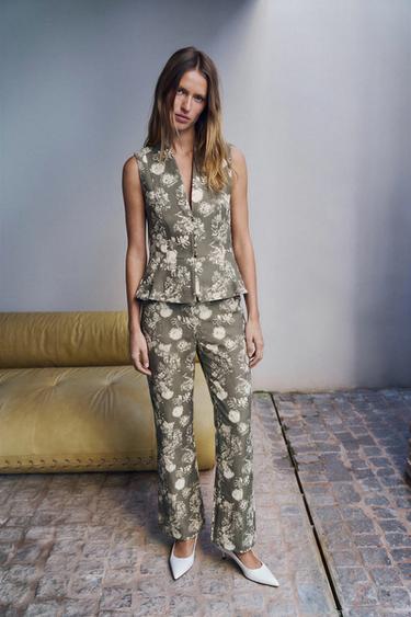 Zara JACQUARD FLARE PANTS - Taupe gray