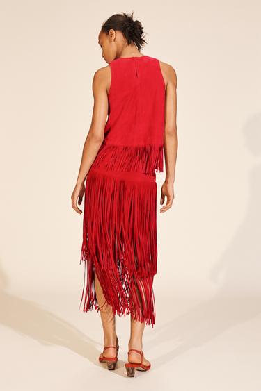 LIMITED EDITION SUEDE LEATHER FRINGE SKIRT - Red by Zara - Image 1