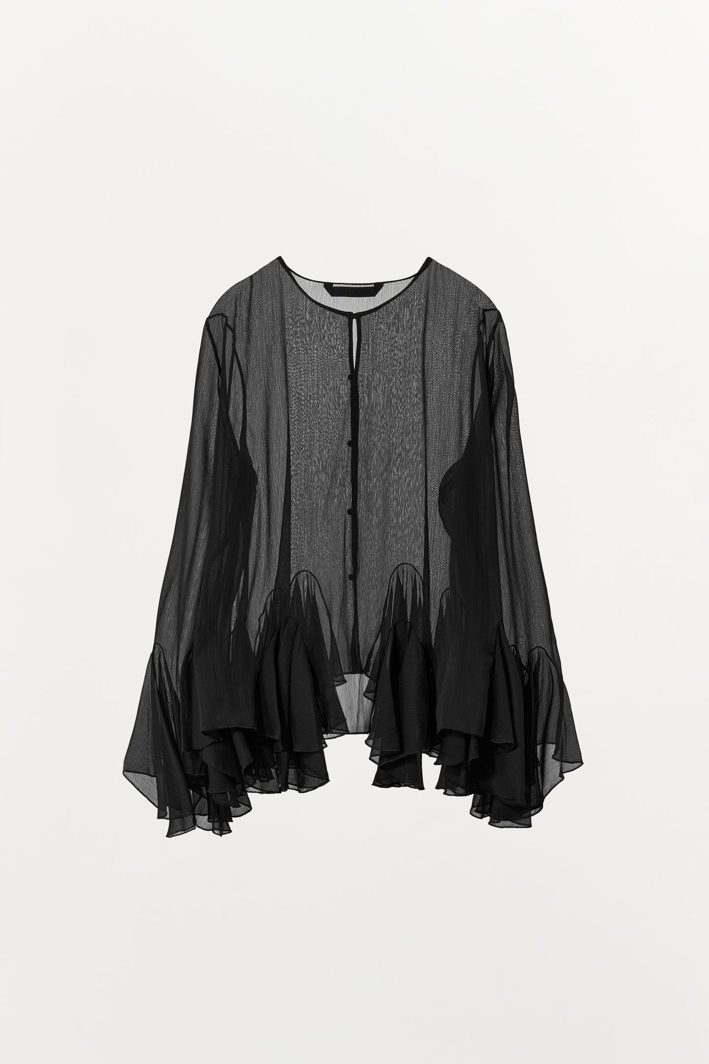 Женская рубашка Zara ZW Collection Flowy Ruffle, цвет: Чёрный — фото 6