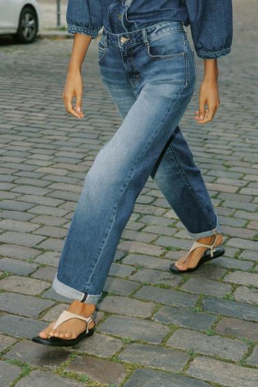 Zara Z.07 RELAXED FIT HIGH-WAISTED TURN-UP HEM JEANS - Blue